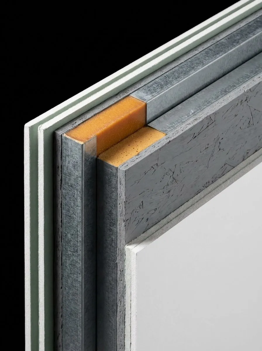 Panel Inbuild System en corte: placa OSB APA, bastidor de chapa galvanizada, núcleo PIR y placa OSB APA. Yeso y revestimiento, colocados en obra.