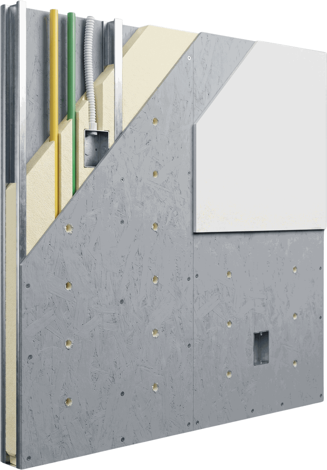 Panel Inbuild System en corte 3/4 — estructura, núcleo PUR e instalaciones embebidas